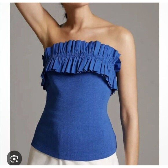 Maeve Anthropologie Poplin Ruffle Blouse Tube Top Ribbed Blue XXS - EUC‎ - Picture 1 of 11